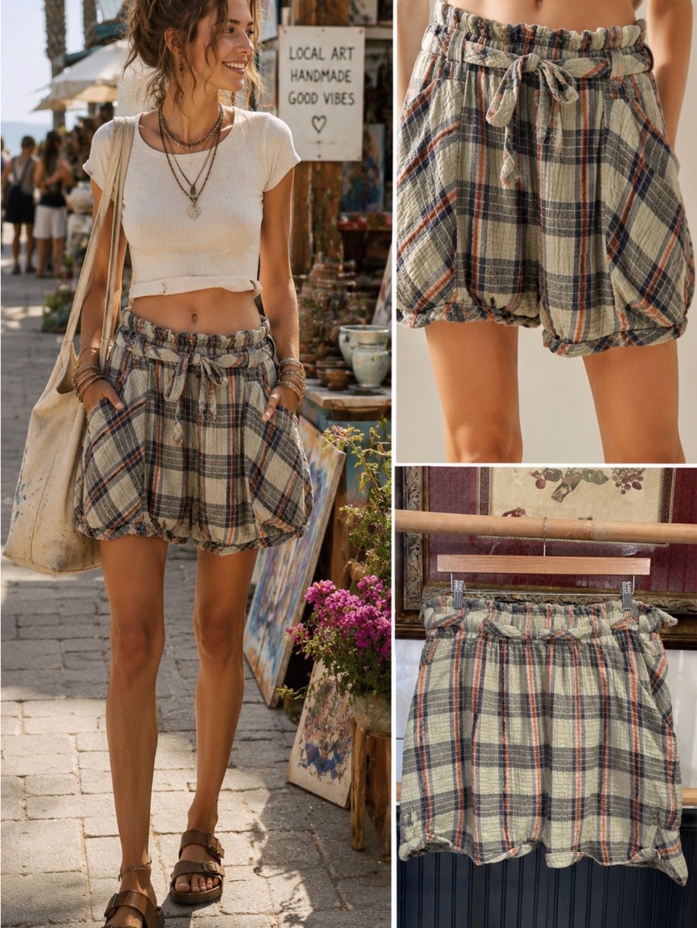 Free People Las Palmas Sailor Shorts 100% Cotton Gauze Plaid Harem Sz M 🧡🎀